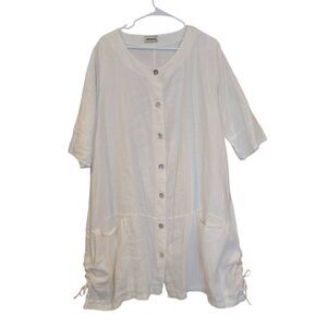 Ellamoda Linen Dress Women Medium White Oversized Pockets Lagenlook Button Front